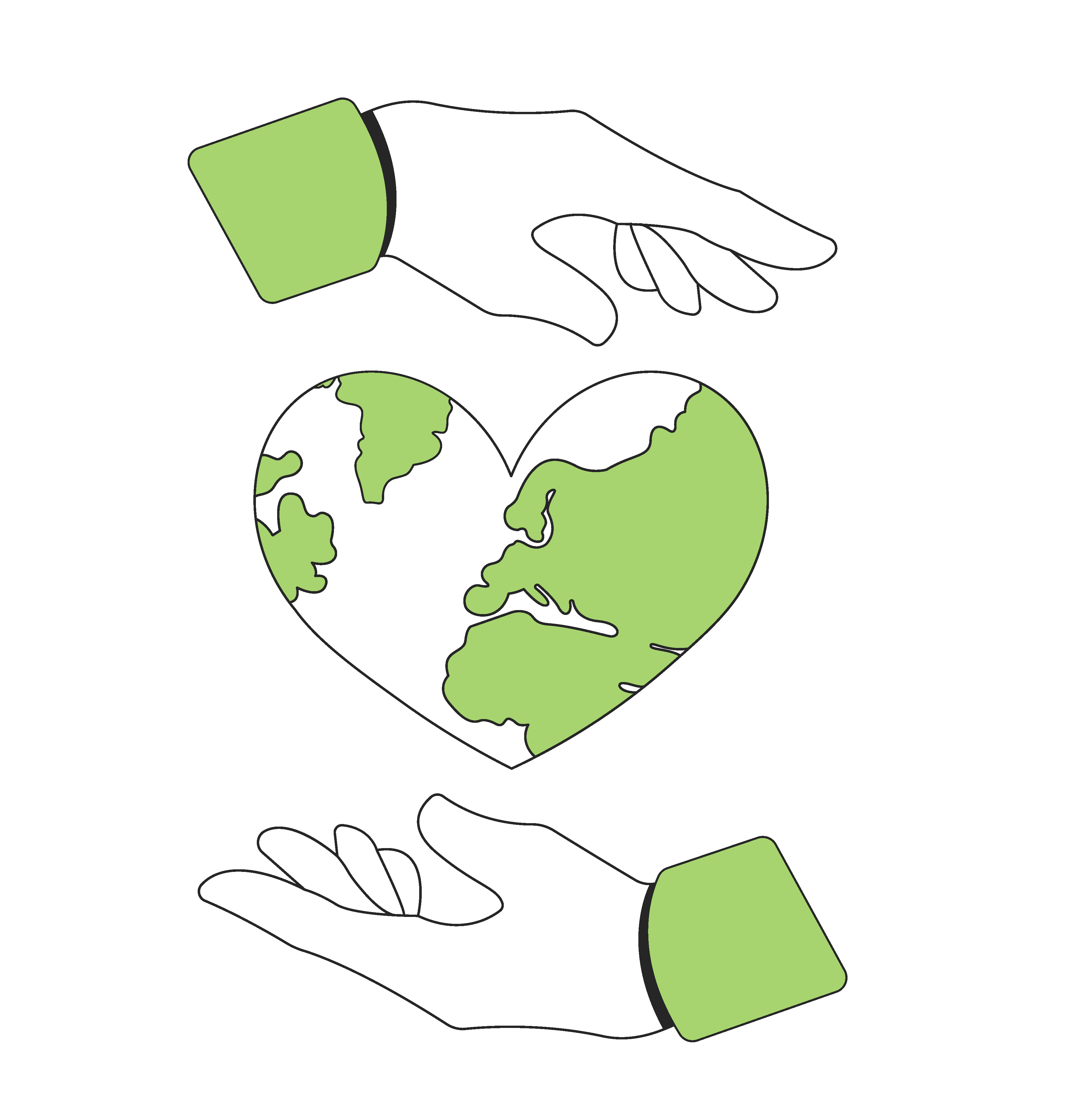 Hands caring for a heart-shaped world